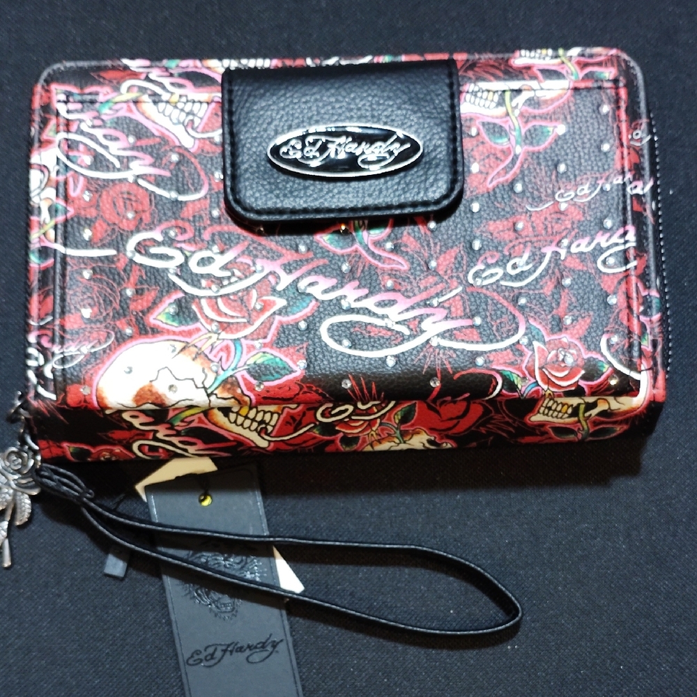 Ed Hardy Black and Red Graphic Wallet/Wristlet